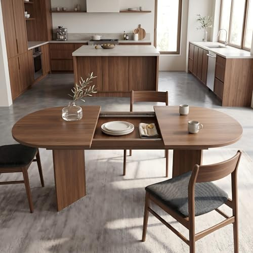 GAWYOEX Mesa de comedor extensible, 140/180 x 90 cm, mesa de comedor ovalada para 6 – 8 personas, mesa de cocina plegable, tapa gruesa, mesa de comedor de madera en nogal