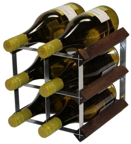 Classic 6 bottle dark oak stained wood/galvanised metal wine rack | Ready Assembled