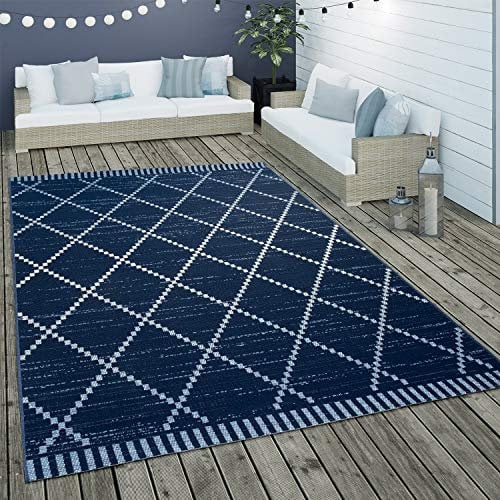 Paco Home In- & Outdoor Flachgewebe Teppich Ethno Geometrisch Skandi-Design In Blau Weiß, Grösse:120x170 cm