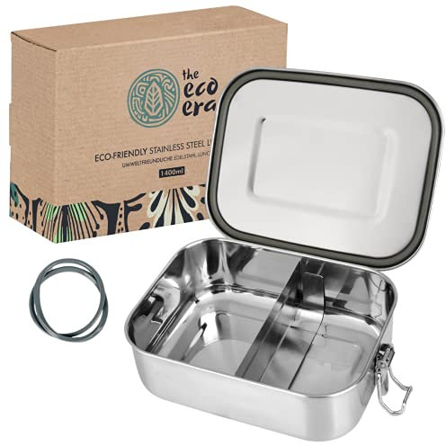 Edelstahl Brotdose & Lunchbox, auslaufsichere umweltfreundliche Eco Bento Box, plastikfrei mit flexiblen Fächern, Verschlussclips, einfach zu reinigen - 1400ml