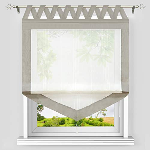 Heichkell Dreieckiges Raffrollo mit V-Schlaufen Halbtransparente Raffgardine Längstreifen und Quaste Moderner Gardinenstore Dreiecke Borte Schlaufenrollo Grau B/H 100/140cm