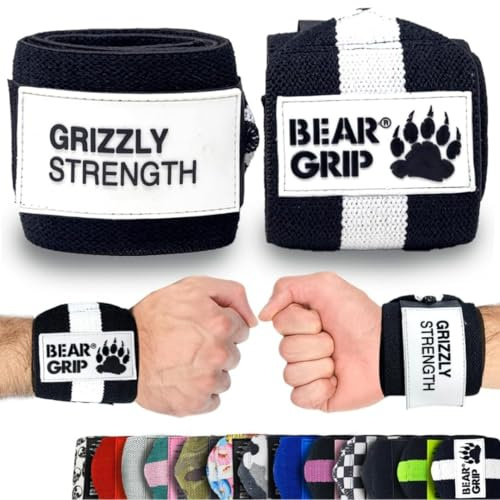 BEAR GRIP - Premium Heavy Duty Gewichtheben Handgelenkbandagen, Bodybuilding, Crossfit, Powerlifting, StrongMan (61 cm, Black White)