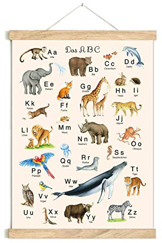 fioniony ABC POSTER 50 x 70 cm TIERE UNGERAHMT ZARTES BEIGE OHNE HOLZLEISTE Tierposter Alphabet Lernposter Schulanfang 1. Klasse Kinderzimmer Kindergarten