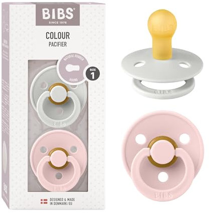 Tétine BIBS Colour. Lot de 2 sucettes. Sans bisphénol A, Téterelle ronde. Latex de caoutchouc naturel, Fabriqué au Danemark. Taille 1 (0-6 mois), Haze/Blossom