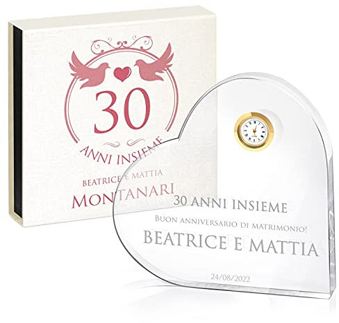 Maverton Cuore di Vetro Personalizzato con Orologio - con Incisione - in Scatola Regalo Personalizzata - Soprammobili Cuore di Cristallo - Idee Regalo Donna Regali per Anniversario - Insieme