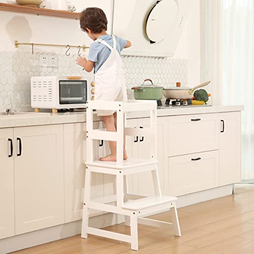 Kids Kitchen Step Stool for Kids with Safety Rail, Solid Wood Construction Toddler Learning Stool Tower,Montessori Kitchen (White)