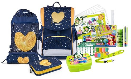 JOLLY Schultaschenset – Ergonomic Flexi, 46-Teilig, inkl. Turnbeutel, Schüttelpennal und Federpennal, höhenverstellbarer Rücken mit Push-System, an Kindergröße anpassbar, Blau/Gelb