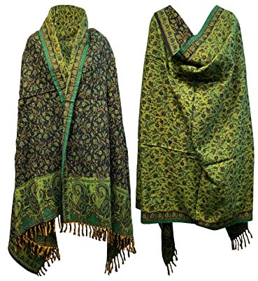 Winterschal mit Vintage-Blätterdruck, weich, warm, handgefertigt, luxuriös, Schal, Überwurf, Dekoration, Decke, Übergröße, wendbar, Winterschal, reine Yakwolle, Grün, Grün, OVERSIZED