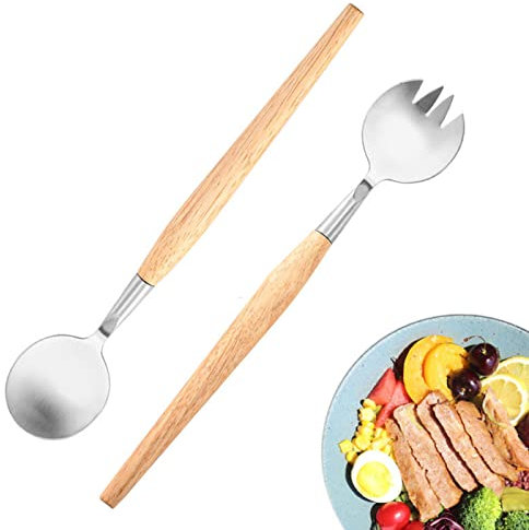 YYYFEI Salatbesteck, inklusive Salatlöffel und Salatgabel, Edelstahl-Kochutensilien mit Holzgriff für die Küche, 2 Stück