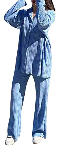 Yassiglia Damen Plissee Zweiteiler Outfit Elegant 2 Teiler Hosenanzug Set Frauen Langarmshirt + High Waist Freizeithose Outfits Sommer Herbst Loungewear Streetwear(Hellblau, Small)