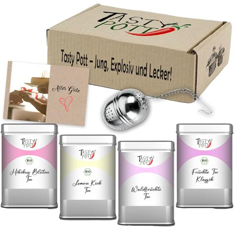 Tasty Pott Früchte Tee Box I Geschenkset I Teemischungen I Früchtetee I Kräutertee I Geschenk I Teebox I Tee trinken I Teesieb I Dankkarte (Früchte Box)