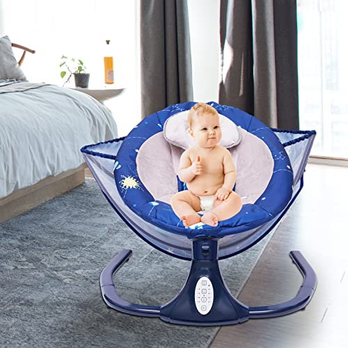 Babywippe Elektrische Babyschaukel mit Fernbedienung, Timing, Bluetooth und Musik, 4 Schwingungsamplituden, Indoor Baby Wippe Babyliege 0-12 Monate Faltbar Abnehmbar und Waschbar, bis 20kg (Blau)