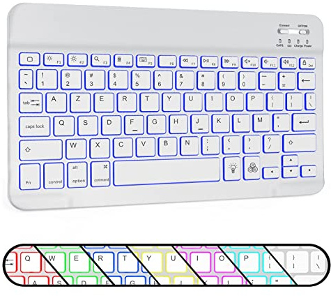 Bueuwe Clavier Bluetooth, Clavier français AZERTY, Clavier Rechargeable sans Fil pour Tablette téléphone PC avec LED éclairée (Blanc)