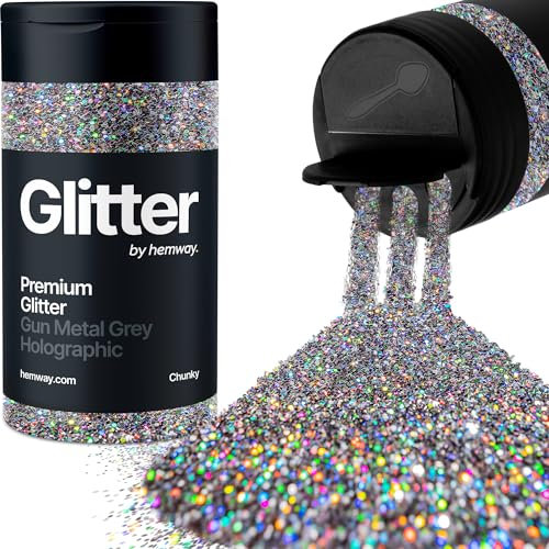 Hemway Premium Glitter Shaker - Gun Metal Grey Holographic | Chunky Metallic Flake Sequins for Resin & Epoxy Crafts | Craft Supplies for Tumblers, Festival, Hair, Face, Body, Eye & Nail Art | 130 g