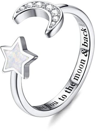 Krfy 925 Sterling Silber Verstellbare Ringe für Damen Mädchen Einstellbare Mondstein Opal CZ Offener Ring Ich liebe Sie zum Mond&Zurück Ring Stapelbare Knuckle Versprechen Hochzeit Verlobungsringe