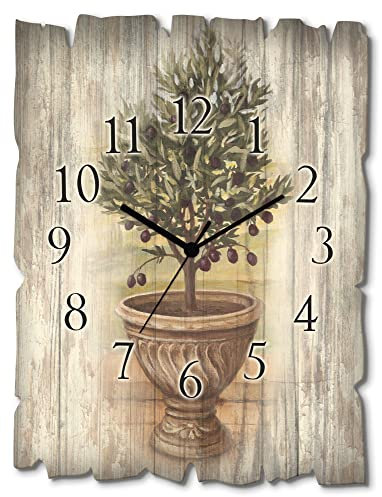ARTLAND Wanddeko Wanduhr ohne Tickgeräusche aus Holz Funk Uhr lautlos Rechteckig 30x40 cm Topf Keramik Pflanzen Olivenbaum Toskana Rustikal Vintage U0PU