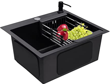 Spülbecken Küchenspüle Schwarz Ausgussbecken Edelstahl 40 x 45 cm Waschbecken Küche Einbauspüle, Kitchen Sink für 45 cm mit Spüle, Seifenspender, Über- u. Ablaufgarnitur