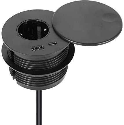 Btstil Einbausteckdose mit USB, Versteckte Tischsteckdose mit Abdeckung Ausgestattet mit 1 Schuko, 1 USB-A Anschluss, 1 USB-C Anschluss und 1,5m Netzkabel, Steckdosen für 80mm Tischloch (Schwarz)