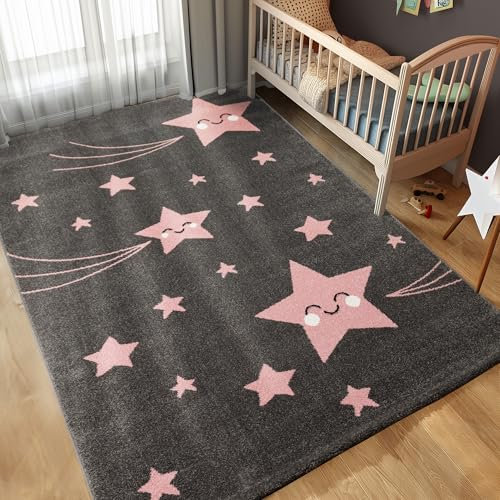 Carpettex Kinderteppich süße Stern Design Pink 200 x 290 cm - Kurzflor Teppich Kinderzimmer für Mädchen und Jungen Pflegeleicht Weich - Waschbarer Spielteppich Babyteppich Gaming Teppich Babyzimmer