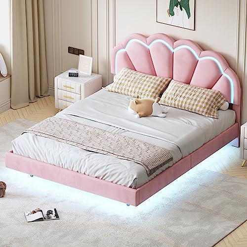 ZYLOYAL10 Polsterbett Kinderbett, Bettgestell mit Kopfteil in Blumenform und Lattenrost, Teenie-Mädchenbett in hautfreundlichem Samtstoff, Gästebett (Rosa 140 x 200 cm)