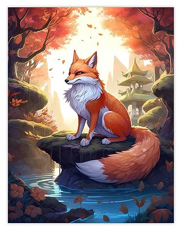 Artery8 Kitsune Fox Spirit Painting Orange Green Blue Digital Art Conceptual Depiction Mythical Creature in Autumn Forest Landscape with Temple Unframed Wall Art Print Poster Home Decor Premium