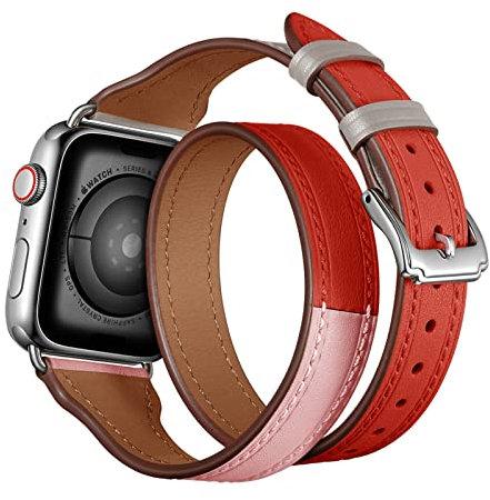 Soyeacrg Compatibile con Cinturino Apple Watch 38mm 40mm 41mm 42mm 44mm 45mm 49mm, Cinturino Avvolgente Doppio Giro in Vera Pelle per iWatch SE Ultra 1 2 Serie 9 8 7 6 5 4 3 2 1,Red,38/40/41mm