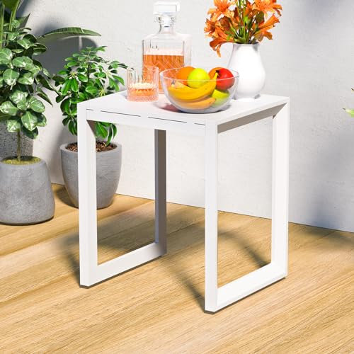 RICNOD Outdoor-Beistelltisch, Aluminium-Terrassen-Beistelltisch, Terrassen-Couch-Bistrotisch, kleiner quadratischer Tisch, Weiß