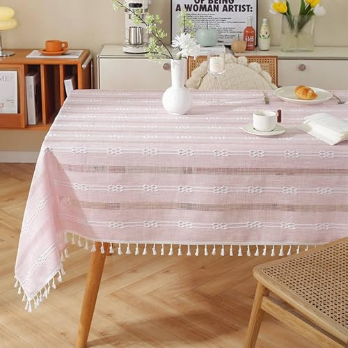Tischdecke Vintage Landhaus, 90 x 140 cm Polyester Häkelmuster mit Streifen Tischtuch Fleckenschutz, Rosa