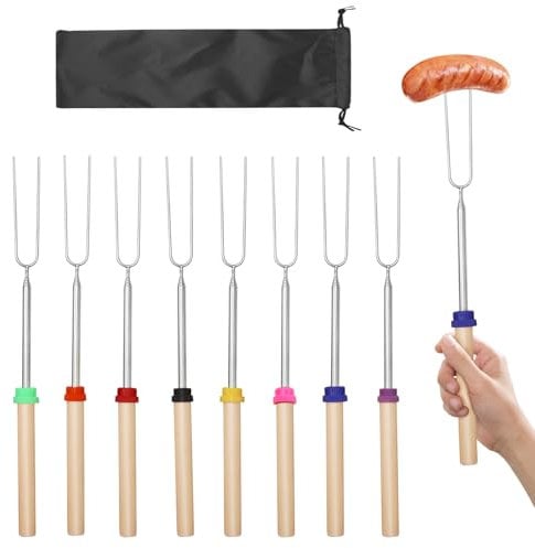 Teleskop Grillspieße Edelstahl 8 Stück,Grillspieße Teleskop, Lagerfeuerspieße, Grillgabel Grillbesteck Set Marshmallow Spieße Grillbesteck Set für Camping Grill