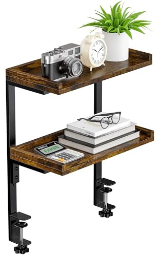 ART-GIFTREE Clamp On Desk Shelf 2-Tier, Wood Shelving Unit for Office Desk/Gaming Accessories, Tabletop Book Storage Rack, Shelf for Top of Desk, Brown