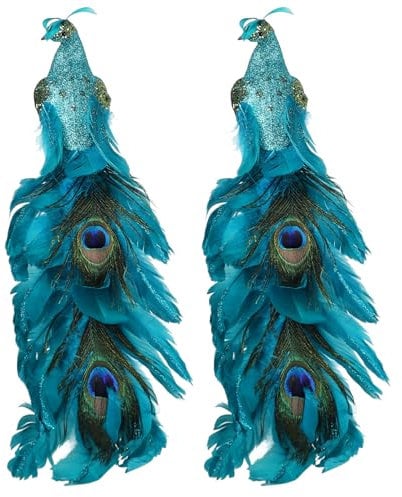 BEIJIALY 2pcs Blue Peacock Christmas Ornaments, Artificial Peacock Bird Clip On Decorations, Glitter Blue Peacork with Long Tail Artificial Feathered Birds for Christmas Tree Decor