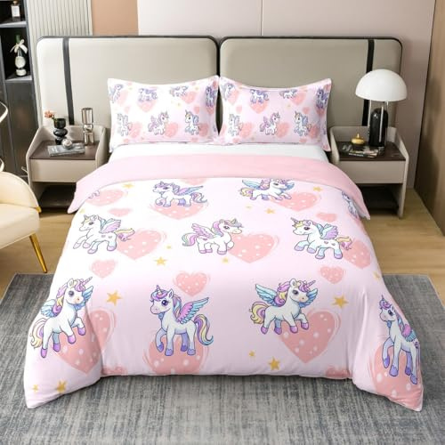 Cartoon Einhorn 100% Baumwolle Bettbezug 155x220,Regenbogen Einhorn Bettwäsche Set für Jungen Mädchen,Liebe Herz Bett Sets,Stern Einhorn Bettbezug mit 1 Kissenbezug für Schlafzimmer,Kein Tröster