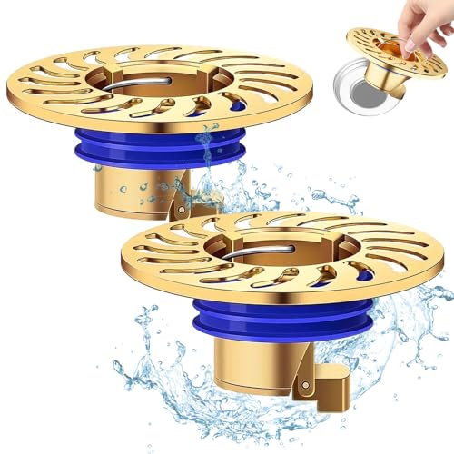 Siphon de Sol Anti Odeurs, 43 mm Laiton Bonde Douche, Filtre Cheveux + Bouchon de Vidange, Anti-Refoulement pour Balcon de Jardin de Salle de Bains