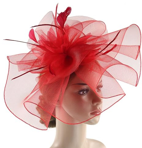 Fascinators Hut Hochzeitshut Kopfbedeckung Vintage Schleier Hut Brautschmuck HaarClip Hut Party Kirche Hochzeit Festival Mesh Kopfbedeckung Stirnband Federhut Mesh Hut Feder Blumen (Red, One Size)