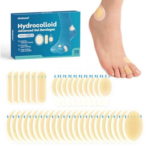 Kimihome Lot de 38 pansements hydrocolloïdes étanches pour pieds – Coussinets adhésifs pour talon, pied, orteils, doigts – Protection contre les ampoules en gel pour voyage, randonnée (lot varié)