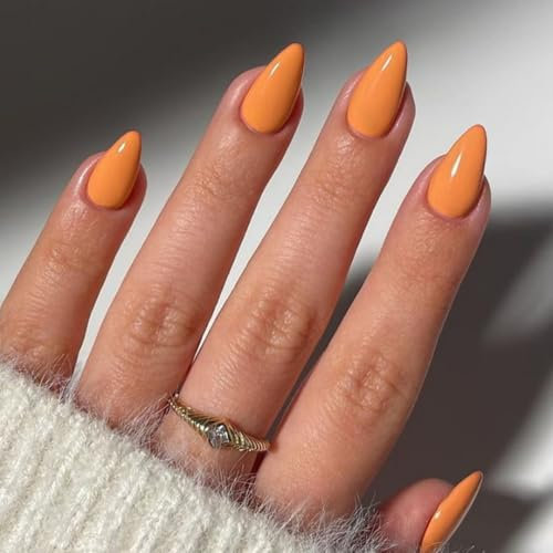 KQueenest 30 Pcs Orange Press on Nails Short Almond, Short False Nails Almond, Glossy Solid Light Stiletto Fake Nails Set, Reusable Natural Gel Stick on Nail for Women Finger Daily Wear