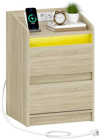 Hzuaneri Nachttische mit LED-Lichtern, Ladestation und 2 Schubladen, Beistelltisch mit USB-Anschlüssen & Steckdosen, Stilvoll und vielseitig, für Wohnzimmer und Schlafzimmer, Eiche NS30016X