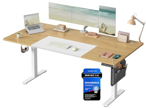 SONGMICS Bureau Électrique Réglable en Hauteur, 180 x 80 cm, Table Assis-Debout, Fonction Mémoire 4 Hauteurs, Port USB-C, pour Bureau, Télétravail, Couleur Chêne Naturel et Blanc Mat LSD028YD02
