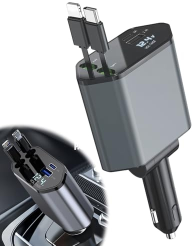 120W Retractable Car Charger Adapter, Super Fast 4 in 1 Car Phone Fast Charger with 2 Retractable Cables (2.6Ft) USB-C/A Port and Voltage Display for iPhone 16 15 iPad AirPods Samsung Galaxy Android