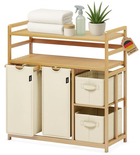 XMHome Wäschekorb 138L mit 2 Wäschesäcken & 2 Aufbewahrungsboxen,Bambus | 4 Fächer Wäschesortierer mit Doppelablage Regal,Stabiler Wäschesammler,ausziehbar abnehmbar,Beige