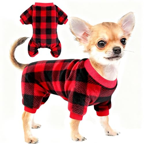 Dog Christmas Pajamas Fleece Dog Christmas Outfit Plaid Dogs Pjs Dog Xmas Pajamas Soft Puppy Clothes Onesies(Red,XS)