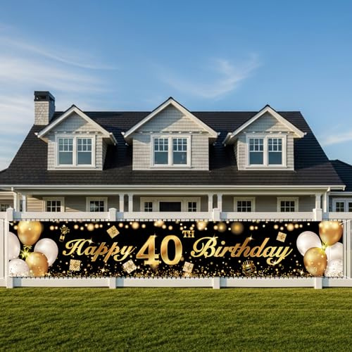 40. Geburtstag Banner Schwarz Gold, Party Hintergrunddeko 210 x 40 cm | Elegantes Schwarz-Gold-Design, lange Bannergröße, ideal für Zäune, Wände und Fotobereiche bei Geburtstagsfeiern