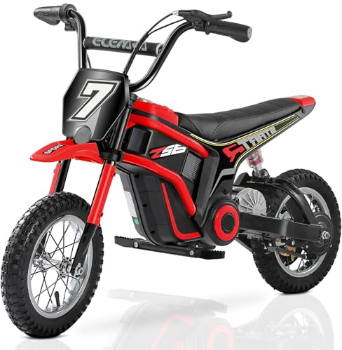 ELEMARA 24V Motorrad Elektrisch für Kinder, 250W Dirt Bike W/Rücklichtern,Musik,22,5 KM/H & 150 KG Max, Kettenantriebsmotor,Drehgasgriff & Handbetätigte Hinterradbremse,12 Luftreifen-Rot