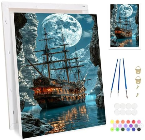 Bowetile Ship Framed Paint by Numbers for Adults, Landscapes Painting by Numbers Kit for Adults Beginners Canvas Kit, DIY Color Oil Painting Acrylic Paints Home Wall Decor 20x30cm