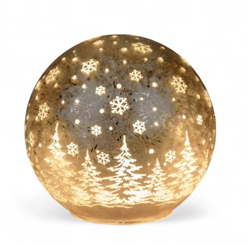 formano LED Deko-Kugel Frosty-Champagner 10cm Glaskugel Timer 6h/18h beleuchtete Deko - Farbglas in geeister Optik mit winterlichem Dekor - Herbst Winter Weihnachtsdeko für Tisch Regal Fensterbank