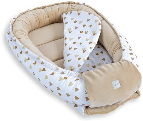 LOOLAY Babynest, Nestchen für Neugeborene – Baby Nestchen 91 × 63 cm mit Matratze, Tragbares Nest aus Samtvelours & Baumwolle (BEIGE Velour/Herzchen Beige)