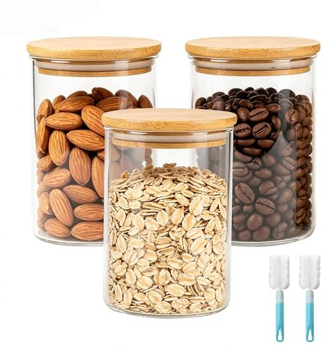LUKDNEEY 3PCS Glass Storage Container, 900ML Glass Jars with Wooden Lids | Clear Airtight Jars for Oats, Nuts, Flour, Cereal, Coffee Beans