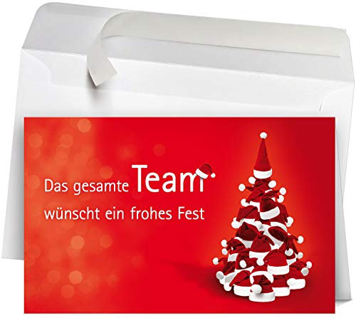 50 Premium Weihnachtskarten mit Umschlag Set für Firmen, hochwertige Klappkarten 19 x 12 cm groß, Team Weihnachtsbaum aus Mützen rot