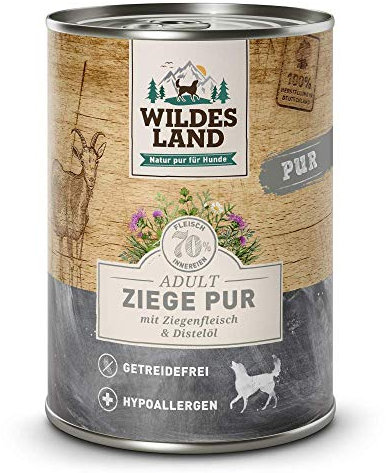 Wildes Land - Ziege PUR - 6 x 400 g - Mit Distelöl - Nassfutter für Hunde - Hoher Fleischanteil - Hypoallergen - Getreidefrei und Glutenfreies Hundefutter