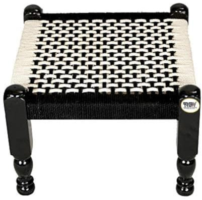 SHIKHA International Industries Tradizionale Artigianato Bianco e Nero Corda di Cotone Legno Khatli Bajot Sgabello Charpai Chowki Pidda Mudda